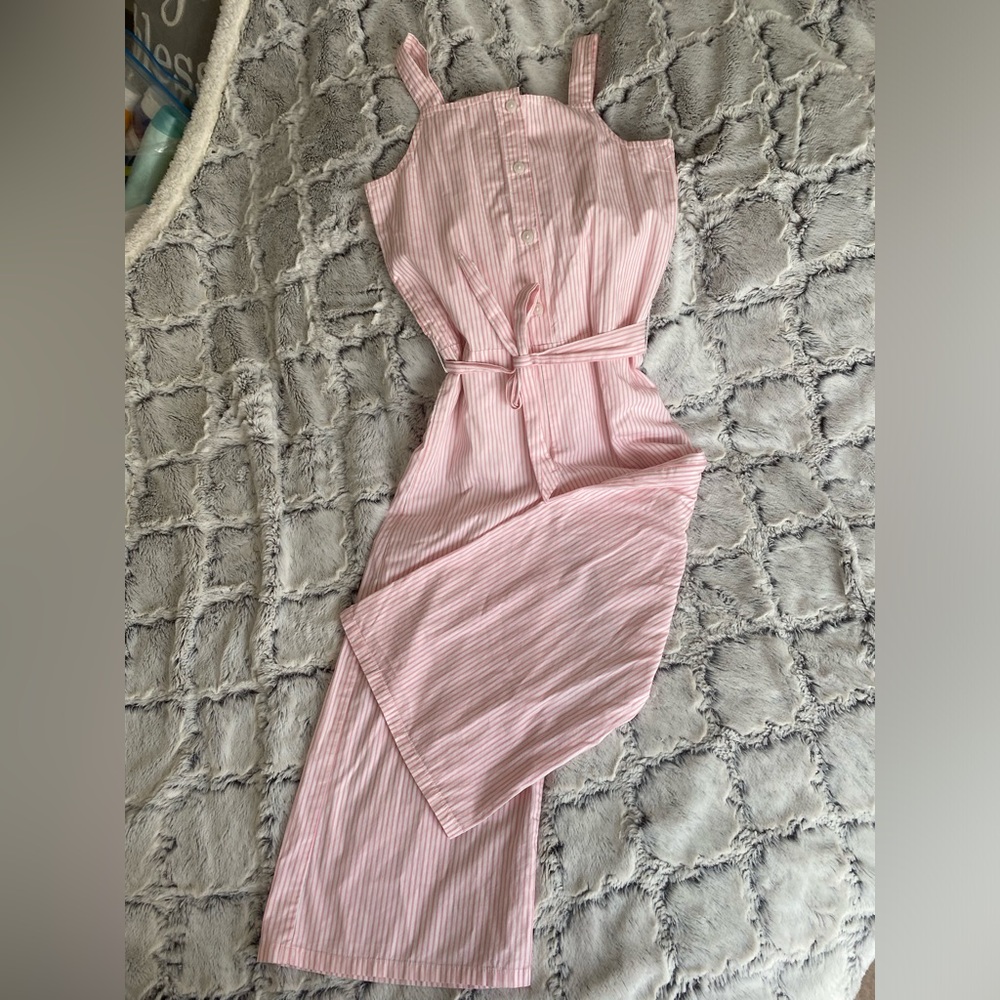 Girls pink and white striped wide leg romper with tie